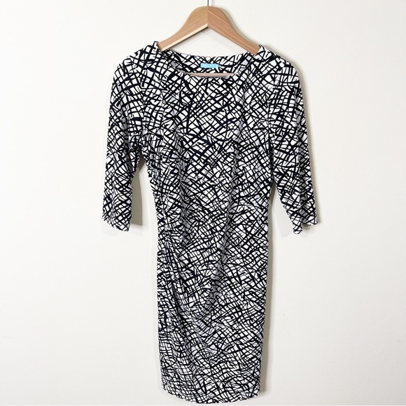 J. McLaughlin Black White Marble Print 3/4 Sleeves Ruched Sage Dress Small - Picture 2 of 9